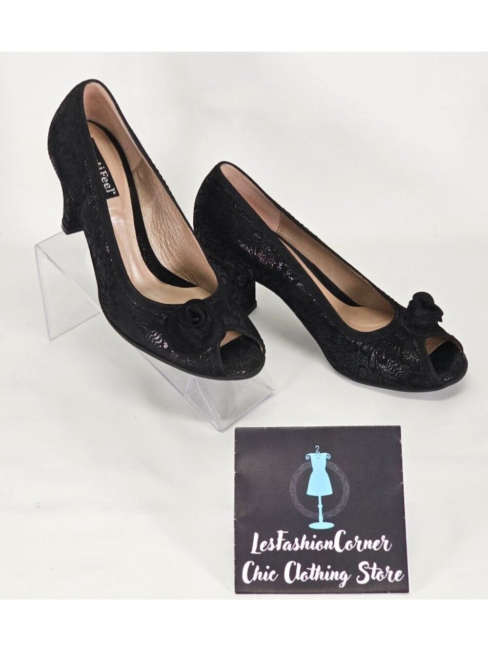 BeautiFeel Women's Black Spark Suede Glasgow Open-Toe Pump Size 7.5 2115 - Picture 4 of 16